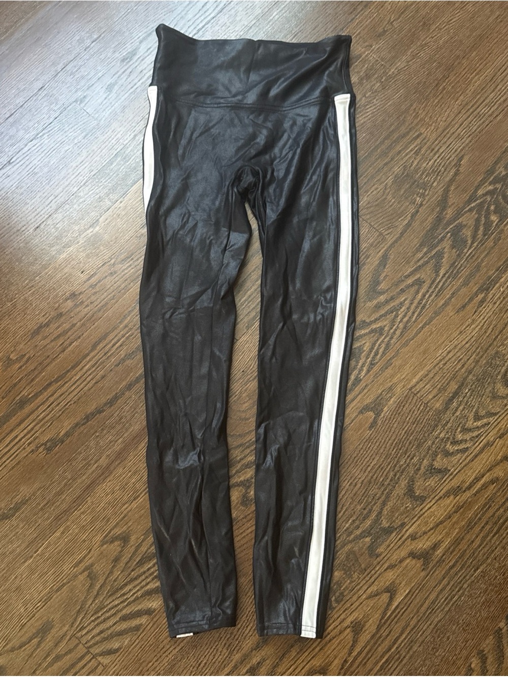 Spanx Faux Leather Vegan Shaping High Rise Black Leggings White Stripe Medium